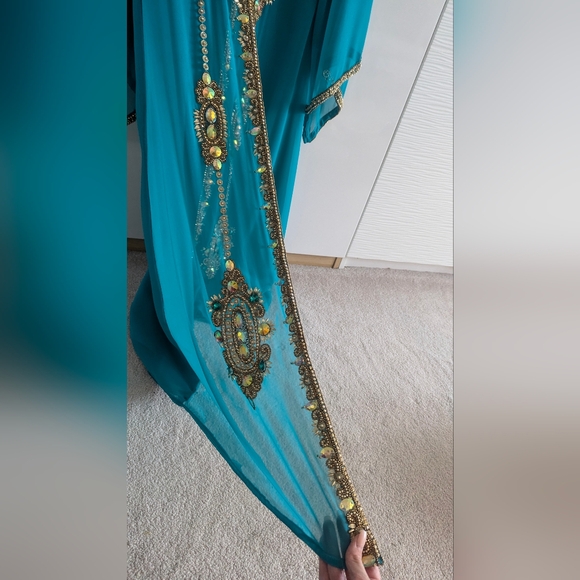 Arabian Party Dress Middle Eastern Blue Teal Turquoise Caftan Embellished beaded - Picture 8 of 12